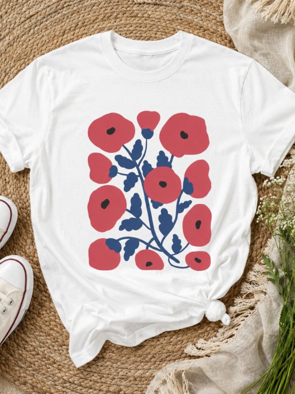 🌺 Matisse Poppy Floral Tee | Hand-Drawn Linocut Style Flower Graphic Shirt